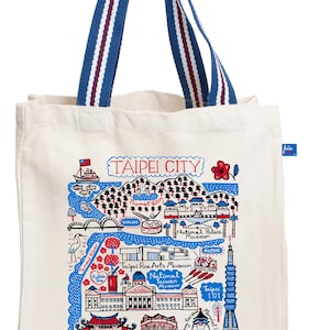 May include: A cream-colored canvas tote bag with blue and white striped handles. The front features a colorful illustrated map of Taipei City, including landmarks like Taipei 101, the National Palace Museum, and Longshan Temple, with text labels.