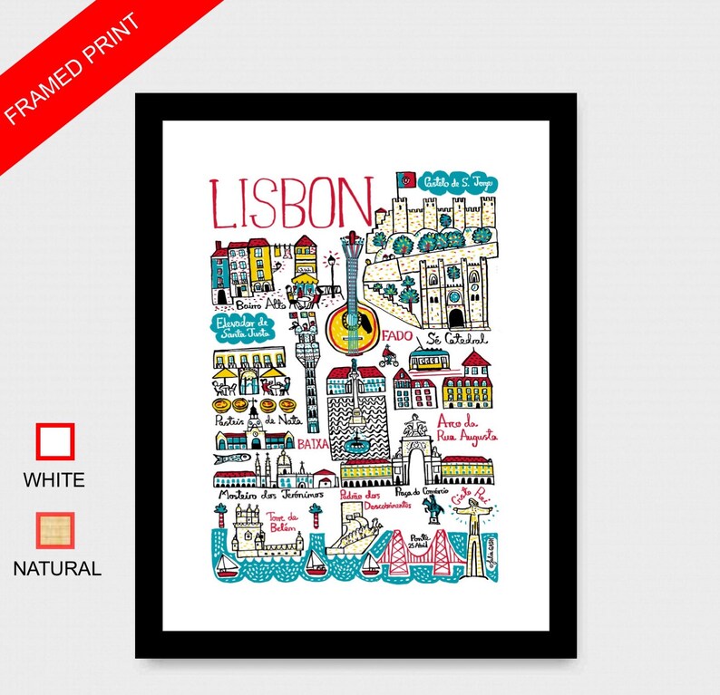 May include: A colorful illustrated map of Lisbon, Portugal, with landmarks and points of interest, including the Castelo de S&atilde;o Jorge, S&eacute; Catedral, Elevador de Santa Justa, and the Ponte 25 de Abril bridge. The map is framed in black.