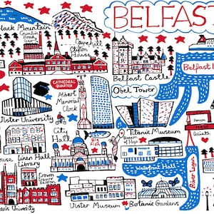 May include: A colourful illustrated map of Belfast, Northern Ireland, featuring landmarks such as the Titanic Museum, Belfast Castle, and the Grand Opera House. The map is drawn in a whimsical style with red, blue, and black lines and text.