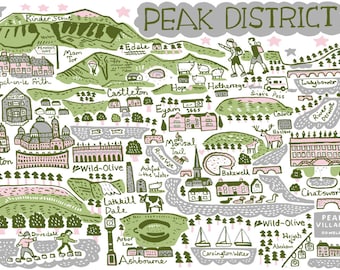 Puede incluir: Un mapa dibujado a mano del Peak District en Inglaterra, con puntos de referencia, ciudades y pueblos. El mapa está ilustrado en colores verde, rosa y gris. El mapa incluye los nombres de lugares como Kinder Scout, Edale, Castleton, Hope, Hathersage, Eyam, Chapel-en-le Frith, Dove Holes, Buxton, Lathkill Dale, Ashford in the Water, Bakewell, Chatsworth, y más.