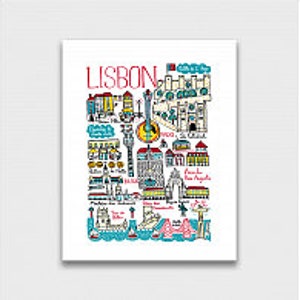 May include: A colorful illustrated map of Lisbon, Portugal, featuring landmarks like the Jer&oacute;nimos Monastery, the S&atilde;o Jorge Castle, and the Pra&ccedil;a do Com&eacute;rcio. The map is drawn in a whimsical style with bright colors and bold outlines.