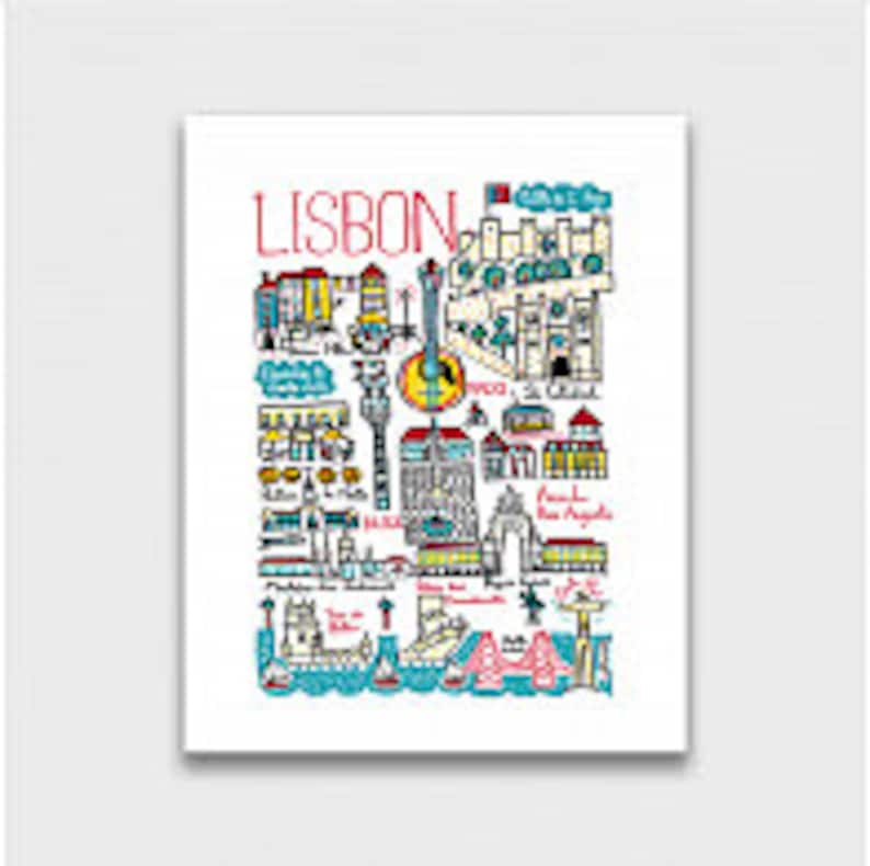 May include: A colorful illustrated map of Lisbon, Portugal, featuring landmarks like the Jer&oacute;nimos Monastery, the S&atilde;o Jorge Castle, and the Pra&ccedil;a do Com&eacute;rcio. The map is drawn in a whimsical style with bright colors and bold outlines.