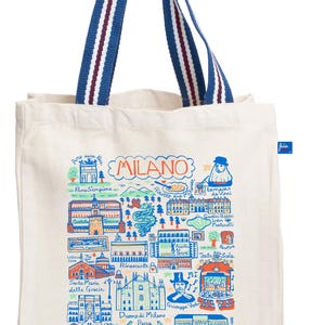 May include: Cream-colored tote bag featuring a colorful illustrated map of Milan, Italy, with landmarks and the word "MILANO." The bag has blue and white striped handles.