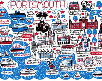 May include: A colorful illustration of Portsmouth, England, with landmarks like the Spinnaker Tower, HMS Victory, and Portsmouth Cathedral. The illustration is drawn in a cartoon style with red, blue, and white colors.