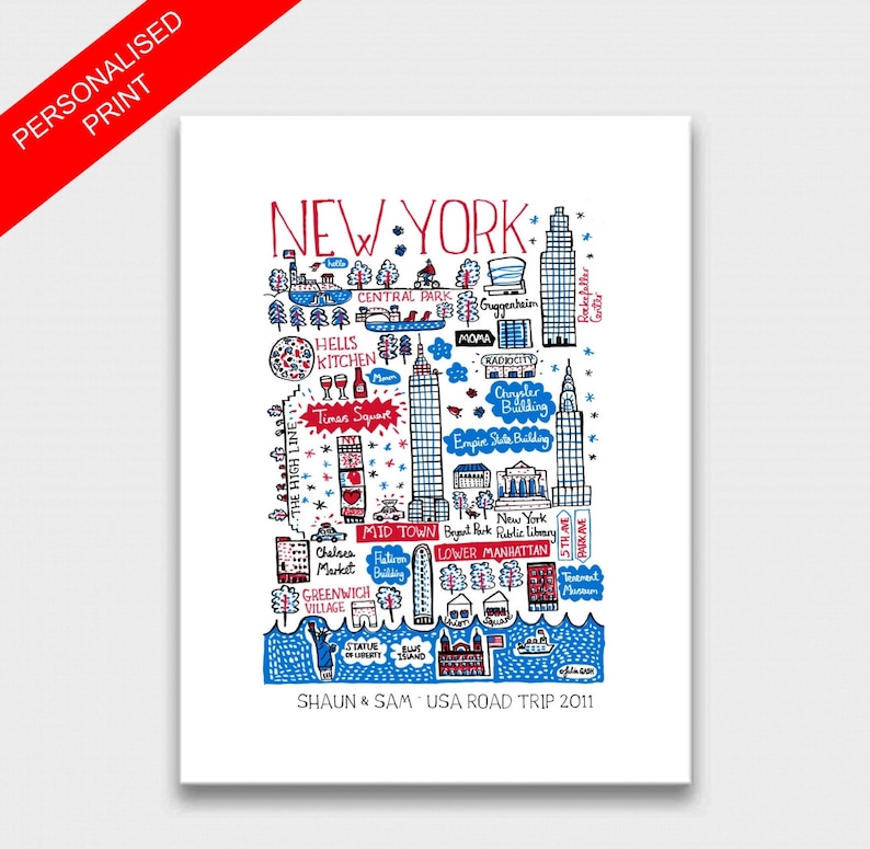 May include: A white art print featuring a hand-drawn map of New York City in red, blue, and black ink. The illustration includes landmarks like the Empire State Building, Central Park, and the Statue of Liberty, with the text SHAUN & SAM USA ROAD TRIP 2011.