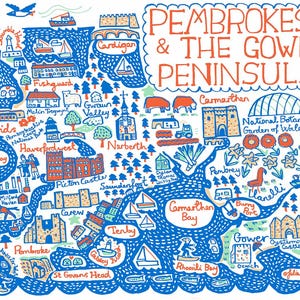 May include: A colorful hand-drawn map of Pembrokeshire and the Gower Peninsula in Wales. The map features landmarks, towns, and cities, including St. Davids, Haverfordwest, Tenby, and Carmarthen Bay. The map is drawn in a whimsical style with blue, red, and green colors.
