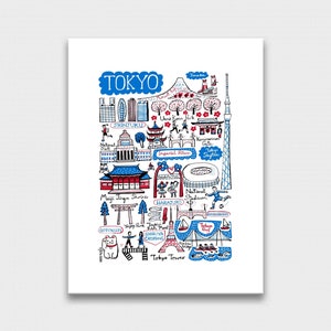 May include: A white art print featuring a hand-drawn map of Tokyo in blue, red, and black ink. The illustration includes landmarks like Tokyo Tower, Skytree, Meiji Jingu Shrine, and Mount Fuji, with labels such as Shinjuku, Harajuku, and Shibuya Crossing.