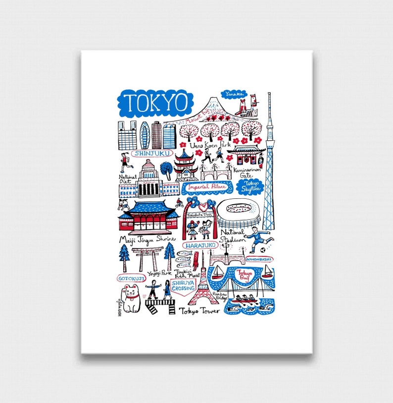 May include: A white art print featuring a hand-drawn map of Tokyo in blue, red, and black ink. The illustration includes landmarks like Tokyo Tower, Skytree, Meiji Jingu Shrine, and Mount Fuji, with labels such as Shinjuku, Harajuku, and Shibuya Crossing.