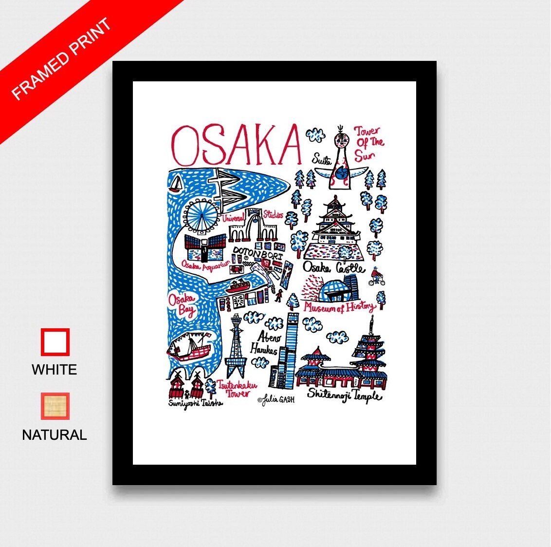 Osaka Japan Retro Art Print, Osaka Wall Art Illustration