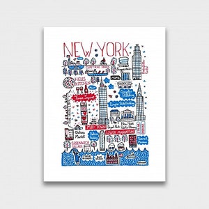May include: A white art print featuring a hand-drawn map of New York City in red, blue, and black ink. The illustration includes iconic landmarks like the Empire State Building, Central Park, and the Statue of Liberty, with text labels for each location.