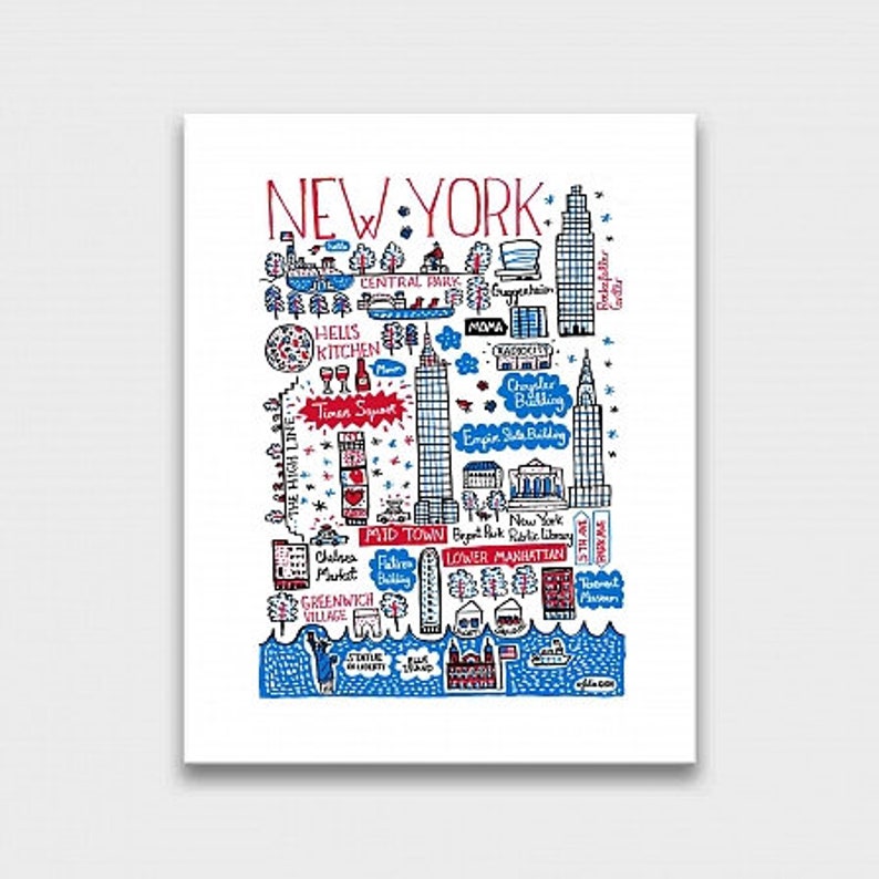 May include: A white art print featuring a hand-drawn map of New York City in red, blue, and black ink. The illustration includes iconic landmarks like the Empire State Building, Central Park, and the Statue of Liberty, with text labels for each location.