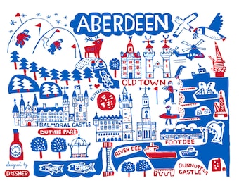 May include: A blue and red illustrated map of Aberdeen, Scotland. The map features landmarks like Balmoral Castle, Duthie Park, and the River Dee. The text "Aberdeen" is written in large, bold letters at the top of the map.