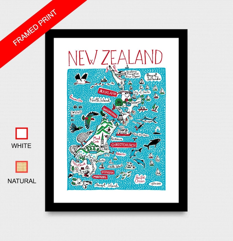 Puede incluir: Un mapa ilustrado colorido de Nueva Zelanda con el t&iacute;tulo "Nueva Zelanda" en texto rojo. El mapa muestra las islas Norte y Sur con las principales ciudades y puntos de referencia. El mapa est&aacute; sobre un fondo azul con contornos blancos.