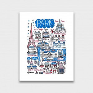以下が含まれることがあります： エッフェル塔、凱旋門、ノートルダム大聖堂など、フランスのパリを手書きで描いたイラスト。イラストは青と白を基調とし、赤色のアクセントが加えられています。