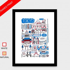 May include: A framed print featuring a hand-drawn illustration of Tokyo landmarks including Tokyo Tower, Tokyo Skytree, Meiji Jingu Shrine, and Shibuya Crossing. The artwork uses blue, red, and black ink on a white background with text labels.