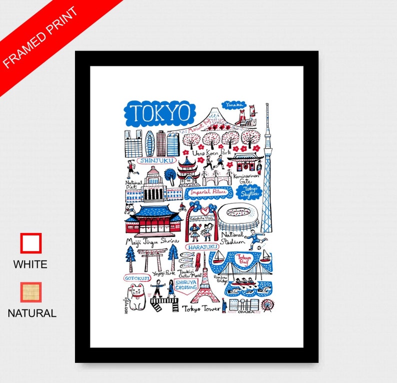May include: A framed print featuring a hand-drawn illustration of Tokyo landmarks including Tokyo Tower, Tokyo Skytree, Meiji Jingu Shrine, and Shibuya Crossing. The artwork uses blue, red, and black ink on a white background with text labels.
