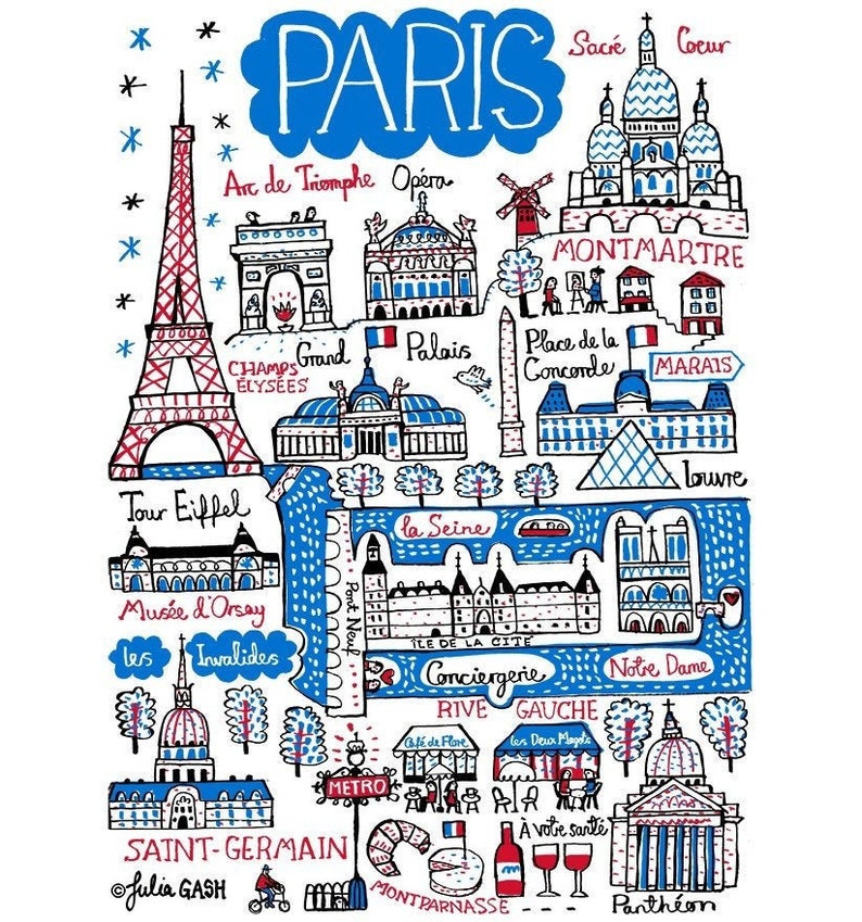 以下が含まれることがあります： フランスのパリにある有名なランドマークを手描きで描いたイラストです。エッフェル塔、凱旋門、ノートルダム大聖堂、ルーブル美術館が、カラフルで風変わりなスタイルで描かれています。イラストには、各ランドマークと周辺地域（モンマルトル、マレ地区、サンジェルマン・デ・プレなど）のテキストラベルが含まれています。
