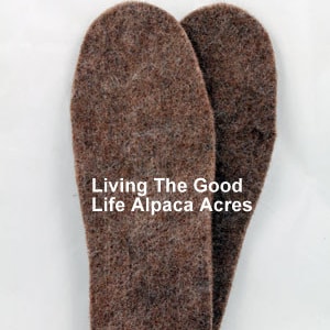 May include: Two brown alpaca wool insoles with the text "Living The Good Life Alpaca Acres" printed on the larger insole.