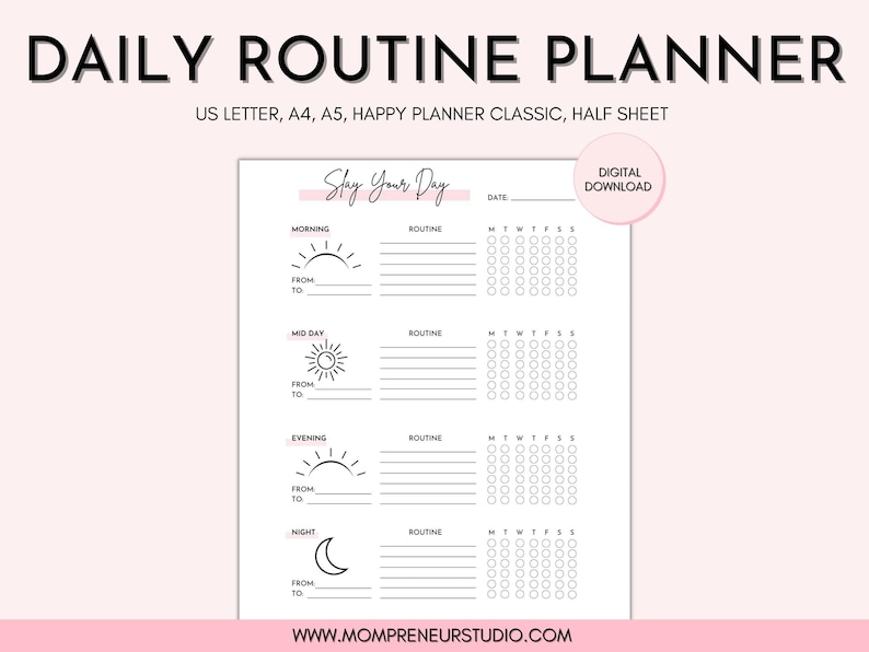 Daily Routine Printable Planner, Productivity Planner, Routine Chart, Routine Planner, Habit Chart, Happy Planner Insert, A4, A5 image 1