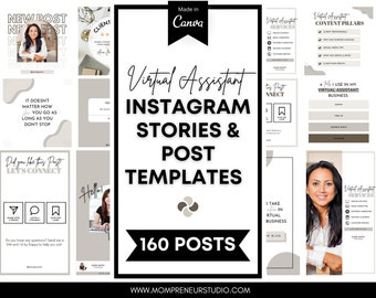 160 Virtual Assistant Instagram Story and Post Templates, Virtual Assistant Instagram Templates, Social Media Manager, VA Marketing