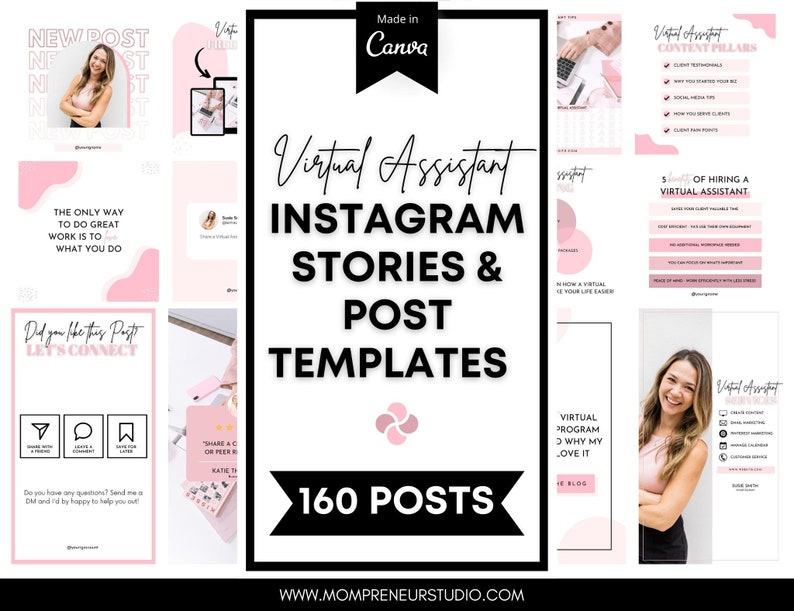 160 Virtual Assistant Instagram Story and Post Templates, Virtual Assistant Instagram Templates, Social Media Manager, VA Marketing image 1