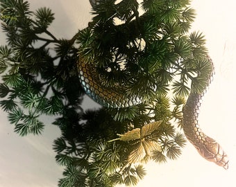 Unique, Handmade, Sustainable Holiday Decor: Half Wreath - artificial tree branch with a multicolor snake and a butterfly