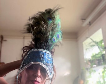 Headpiece for dancers, burlesque and other stage performers, with peacock feathers; Handmade