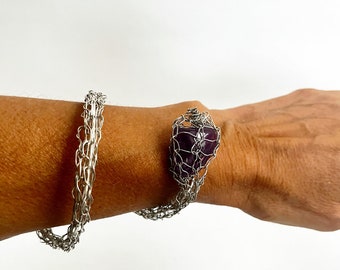 Handwoven Long Silver Snake Wrapped Bracelet with Birth Stone - Unisex Handmade Gift