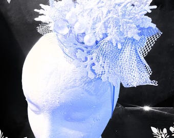 Headpiece in White and silver -  unisex winter themed headband with up cycled elements