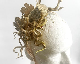 Medusa Headband with Gold Leaves; handmade Unisex Halloween Headpiece