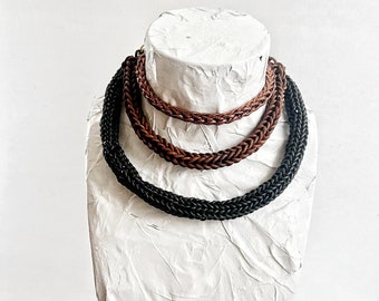 Handmade Leather Choker Chunky Necklace in black or brown - handwoven unisex gift - can be personalized