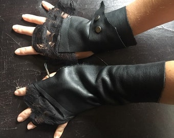 Fingerless mismatched gloves, Black leather and lace, long wrist cuffs. Sustainable upcycled fashion Accessory