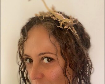 Statement  Headpiece; Gold Lizard Fascinator with Crystals. Great for Stage, Parties, and Special Occasions