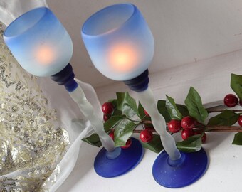 Frosted glass twisted stem pair of blue candle holders, 9.5 inch, table center piece, housewarming gift, Christmas table, wedding gift,