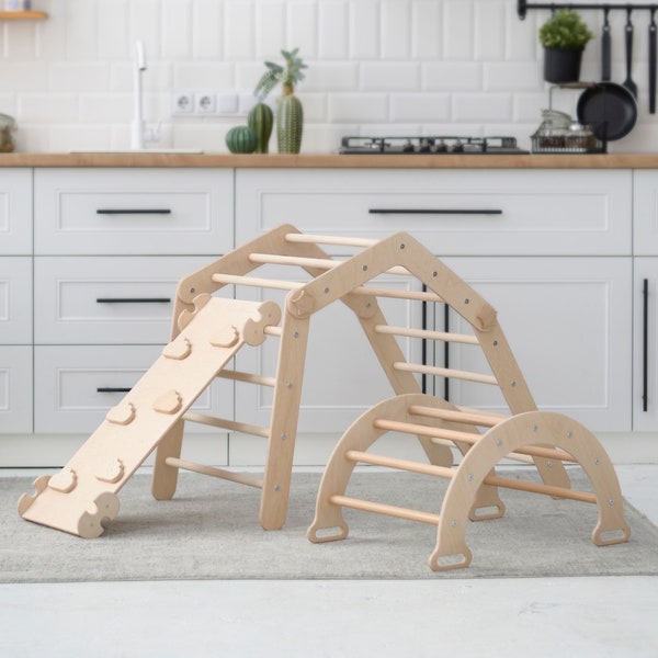 Kletterbogen Rutschbrett, Montessori Climbing Toys, Set of 3Items: Development Triangle+Arch+Ramp with Slide, Wooden Baby Gym