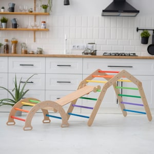 Developmental Montessori Furniture Trio: Transformable Triangle, Climbing Arch,  Ramp with Slide, Wooden Baby Gym, Climbing Frame