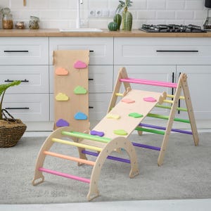 Montessori Climbing Set, Wooden Indoor Gym for Kids, Adjustable Triangle with Ramp, Climbing Arch, Toddler Playset, Eco-friendly Toy