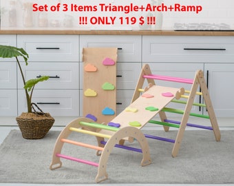 Montessori Climbing Triangle, Playgraund Triangle, Toddler Climber, Set of 3Items: Development Triangle+Arch+Ramp with Slide, Climbing Frame