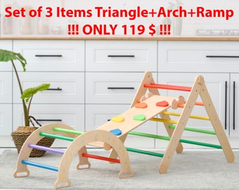 Montessori Set of 3: Triangle+Climbing Arch+Ramp with Slide , Klimdriehoek, Climb Triangle with Ramp, Wood Gym Dreieck, Climbing Flame