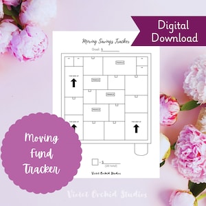May include: A digital download of a moving fund tracker. The black and white tracker has boxes labeled "fragile" and arrows indicating "this side up." The text "Moving Fund Tracker" is in a purple circle, and "Digital Download" is in a purple banner.