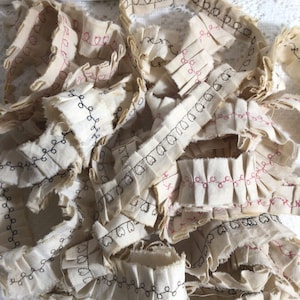 Hand torn fabric ribbon ruffles with decorative stitching, coffee dyed cotton fabric strips, junk journal embellishments