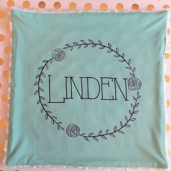 Mint green lovey,  floral ring blanket, Lovey blanket, baby name blanket, Personalized lovey, Baby shower gift