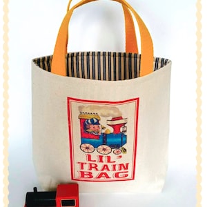 Kid&#39;s train bag,Child train tote bag,Train carry along bag,Wooden train play bag