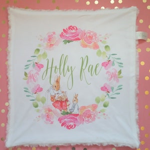 Peter Rabbit blanket, Watercolor floral ring blanket, Lovey blanket, Peter Rabbit blanket, Personalized lovey, Baby shower gift