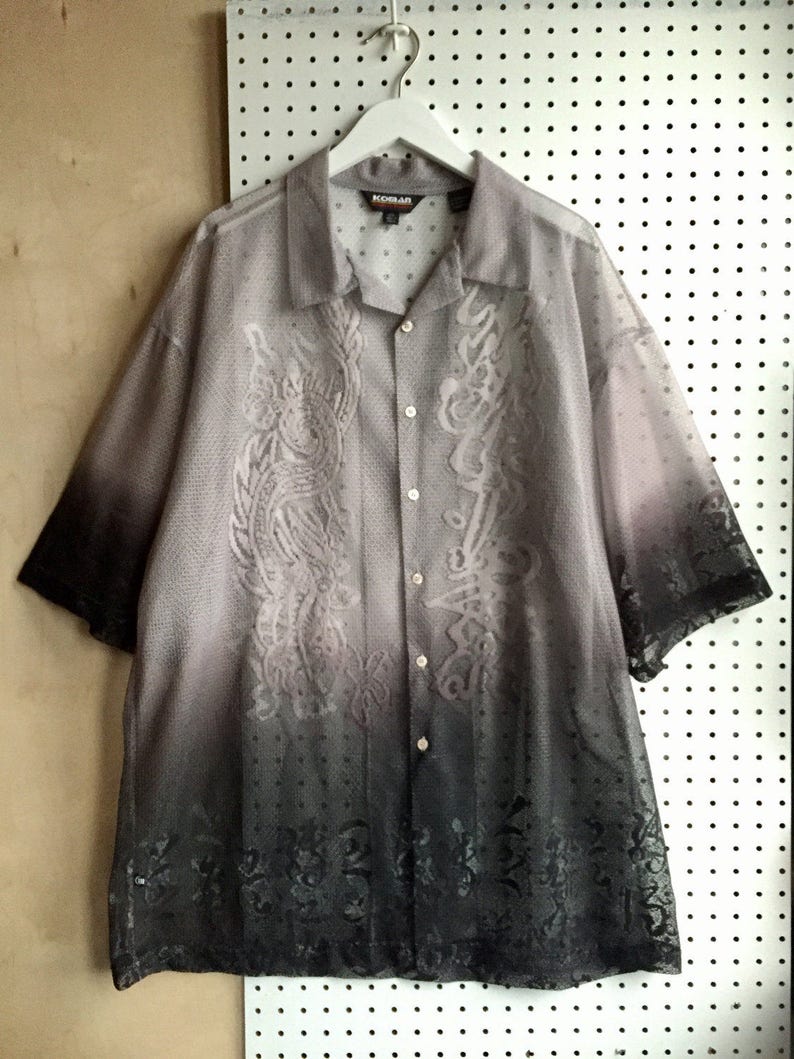 90s Gray Ombre Intricated Mesh Lace-like Asian Chinese Calligraphy Oversized Loose Fit Short Sleeve Shirt