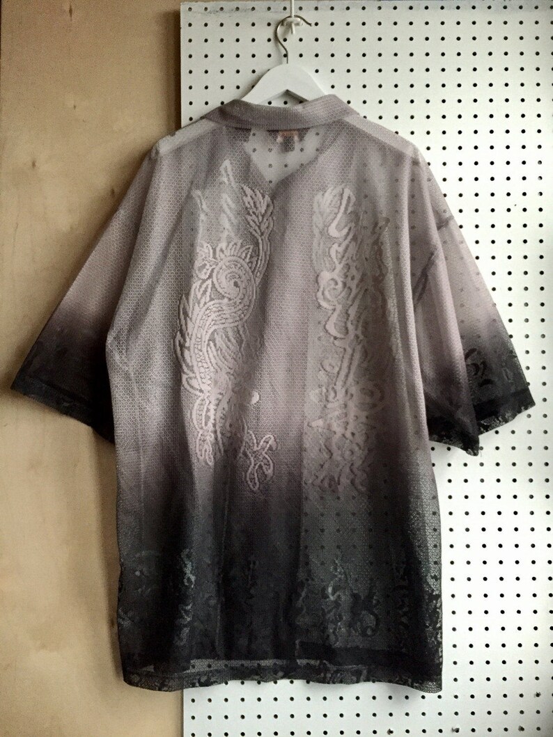90s Gray Ombre Intricated Mesh Lace-like Asian Chinese Calligraphy Oversized Loose Fit Short Sleeve Shirt