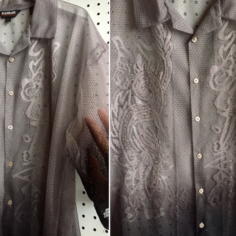 90s Gray Ombre Intricated Mesh Lace-like Asian Chinese Calligraphy Oversized Loose Fit Short Sleeve Shirt