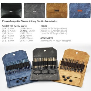 Lykke Interchangeable 5 Inch Deluxe Birch Wood Circular Knitting Needle Set Grey, Umber, Indigo or BLUSH Pink Cases