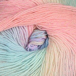 May include: A skein of yarn in a pastel color gradient, featuring shades of pink, blue, and yellow. The yarn is soft and fluffy, perfect for knitting or crocheting.