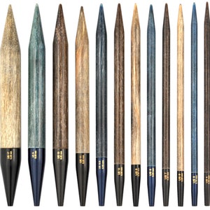May include: A set of 12 double-pointed knitting needles in various sizes, ranging from US 4 (3.5 mm) to US 11 (8.0 mm). The needles are made of wood and have a dark blue and brown finish.